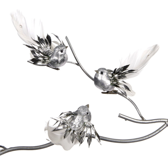 three silver clip on bird Christmas decorations on a branch