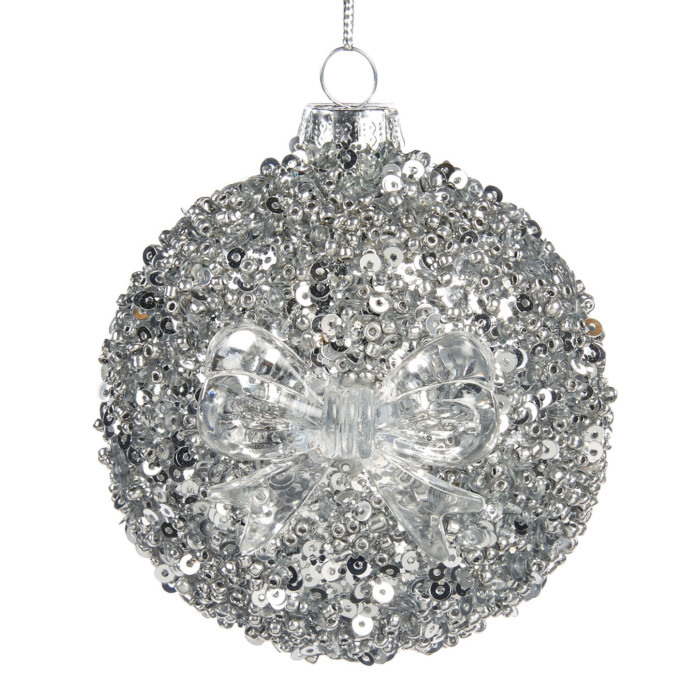 glass silver sequin covered disc shaped CHristmas decoration