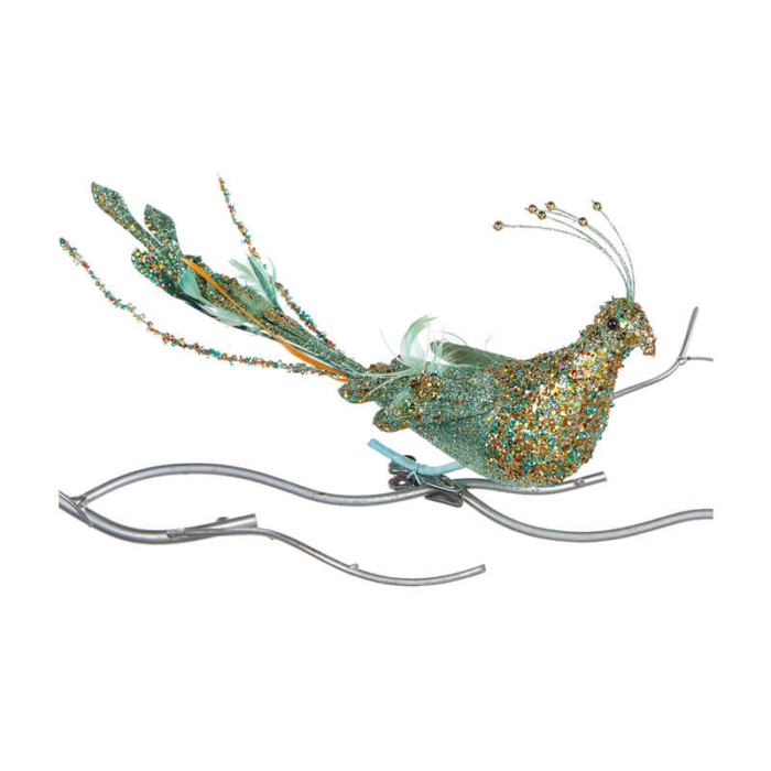 40cm clip on turquoise and gold glittered bird