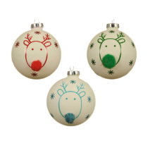 set of 3 white glass baubles each with a reindeer with pom pom node 8cm