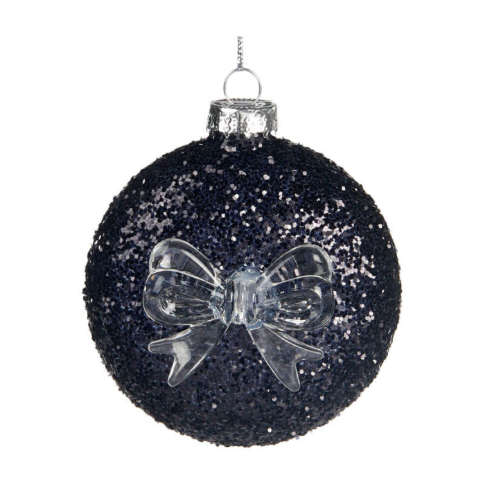 black glitter glass decoration with transparent bow on the front
