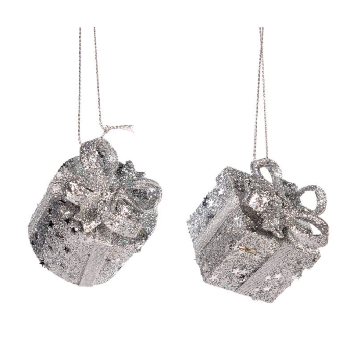 set of 2 5cm silver glitter present decorations with a bow on top