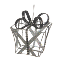 3D wire silver glittered gift box shaped ornament with black glittered bow 11cm high