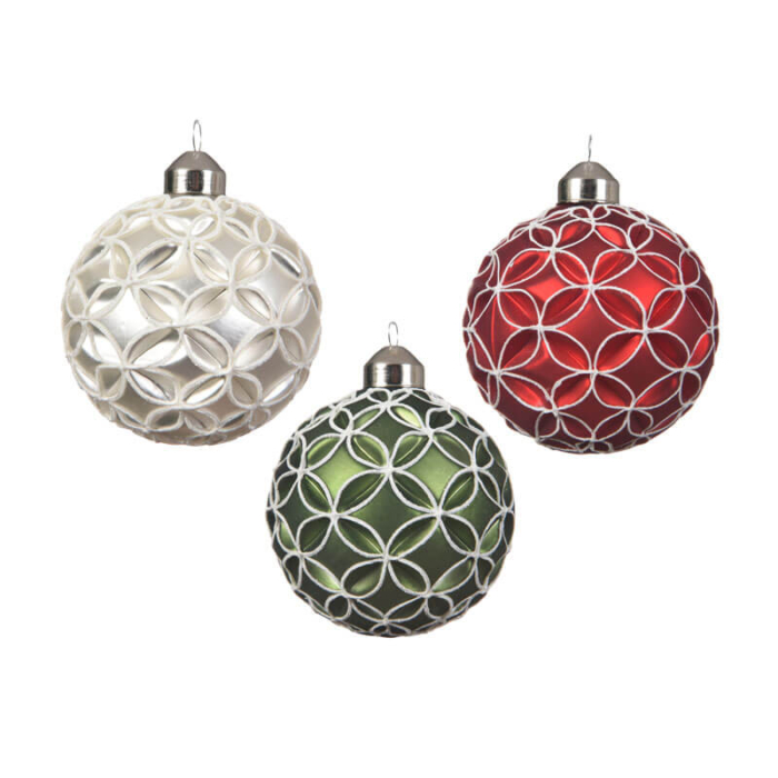set of 3 glass baubles red, white and green with white flower pattern 8cm