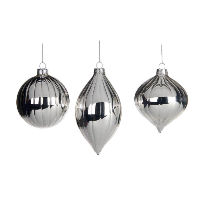set of 3 silver glass hanging ornaments 3 shapes finial onion and round 8cm