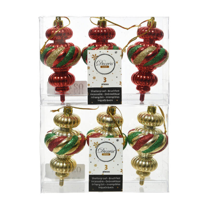 2 sets of 3 shatterproof finials in gold red and green swirl stripes