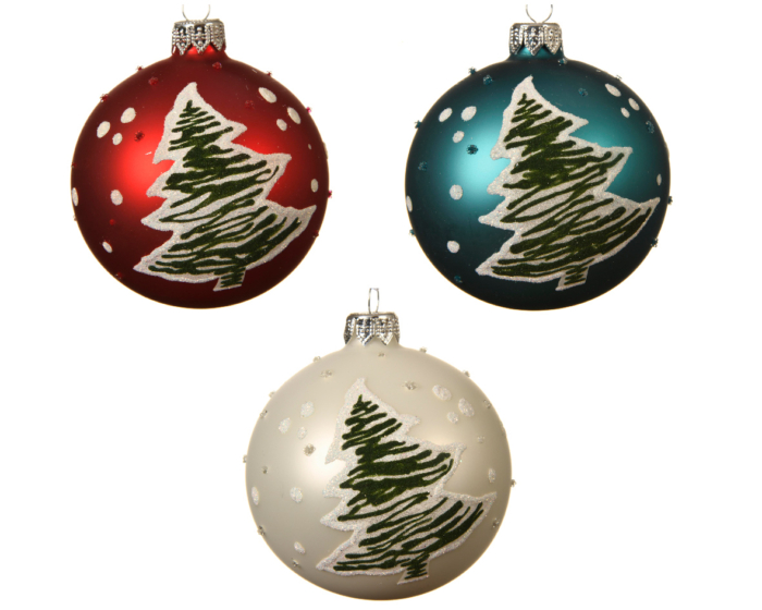 set of 3 glass baubles with flock tree 1 red 1 white 1 blue 8cm