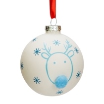 white glass bauble with blue reindeer and pompom nose