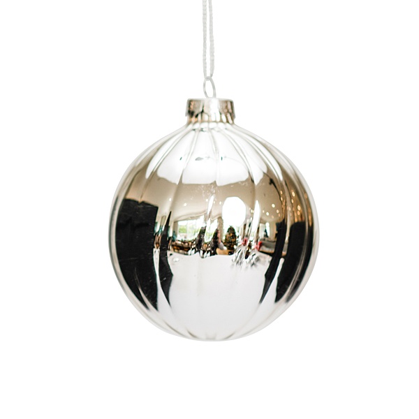 siilver glass hanging round ornament with stripes 8cm