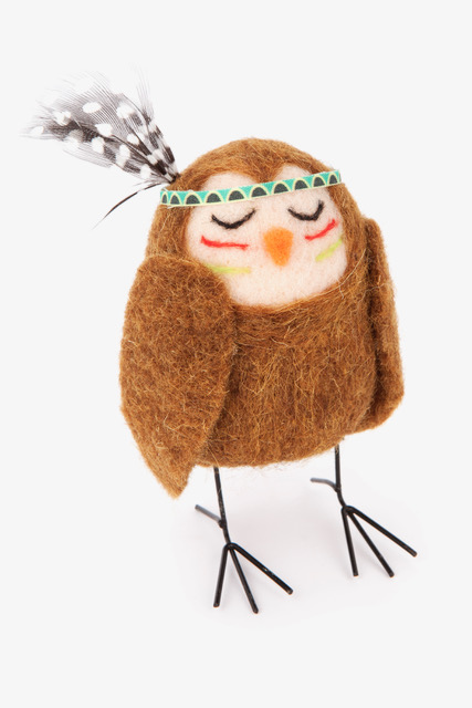 small felt standing owl with metal legs and feathered headband
