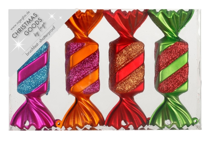 set of 4 shatterproof candy shaped ornamenst in bright colours