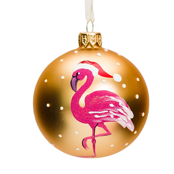 gold glass bauble with white dots and a hot pink flamingo wearing a santa hat