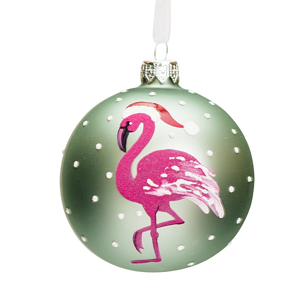 mint green 8cm glass bauble with white dots and a hot pink flamingo wearing a Santa hat