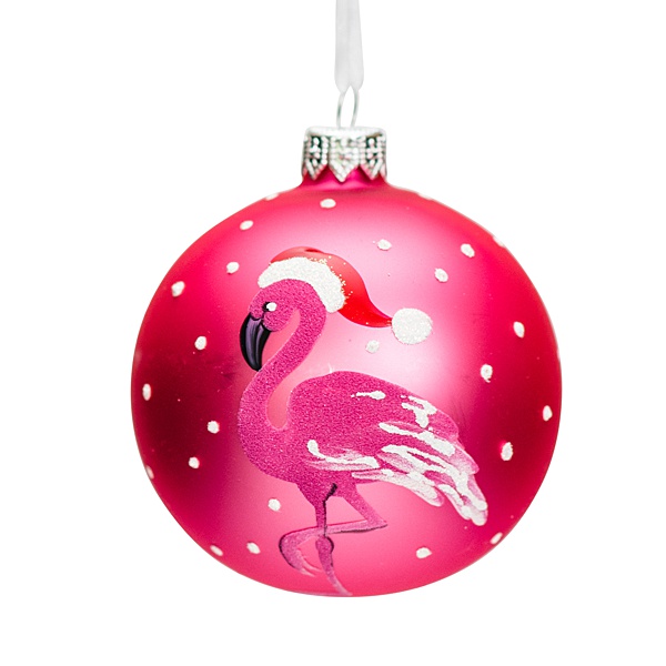 hot pink glass bauble with white dots and a with pink flamingo wearing a santa hat