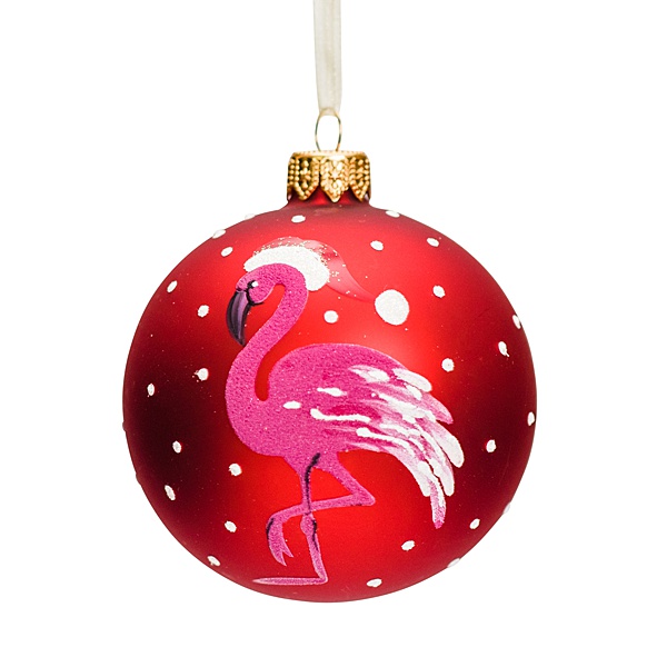 red glass 8cm bauble woth white dots and a hot pink flamingo wearing a santa hat