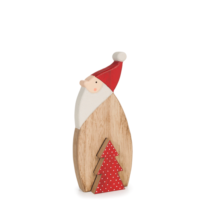 wooden standing santa with red and white spotted tree that removes