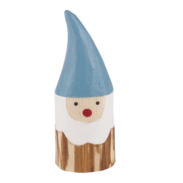 small wooden dwarf with blue cap
