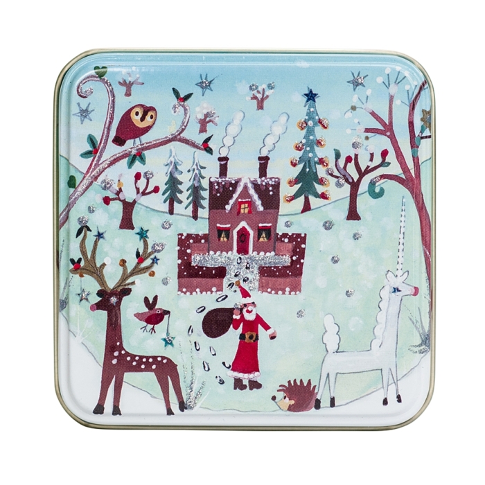 small tin with house and unicorn