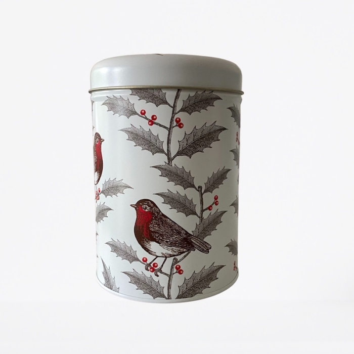cylindrical christmas tin with robins and holly
