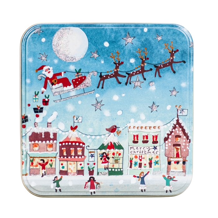 small christmas tin with santa on a sleigh