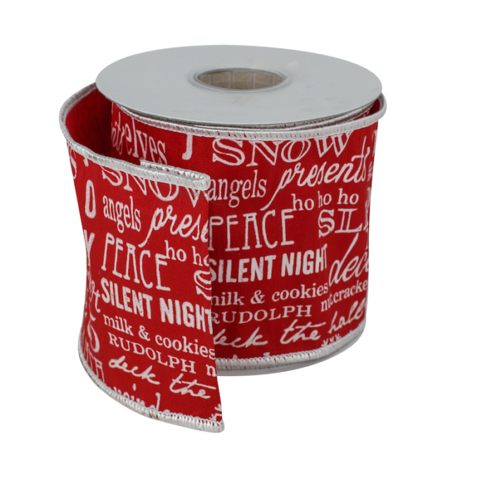 red wired christmas ribbon with white words