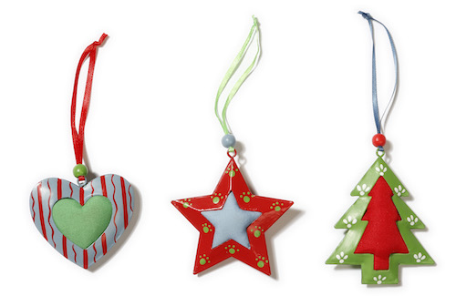 set of 3 metal and fabric decorations,heart,star and tree